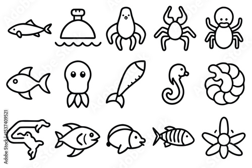 A collection of vector outlined aquatic creatures and marine elements for educational or design projects