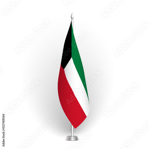 Kuwait flag - 3D standard conference flag hanging on ground flagpole. Usable for summit, indoor meeting, board room, government office, press room or reception. Vector flag with shading