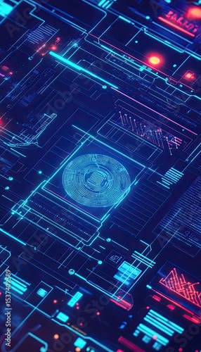 A futuristic digital forensics concept illustration featuring biometric authentication, facial recognition, fingerprint scans, retina scan interfaces, secure data analysis icons, glowing blue HUD