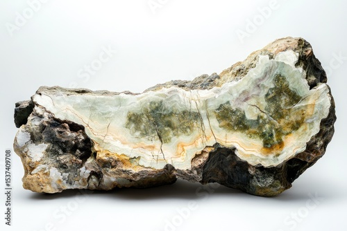 A cross-section of a variegated rock displays earthy tones, layered patterns, and textural complexity on a bright, neutral background, exhibiting mineral formations.