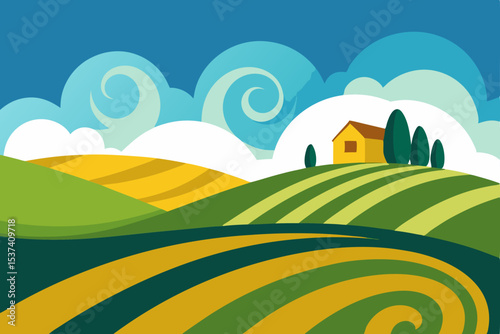Serene Countryside Landscape Rolling Hills, Farm House, and Swirling Clouds