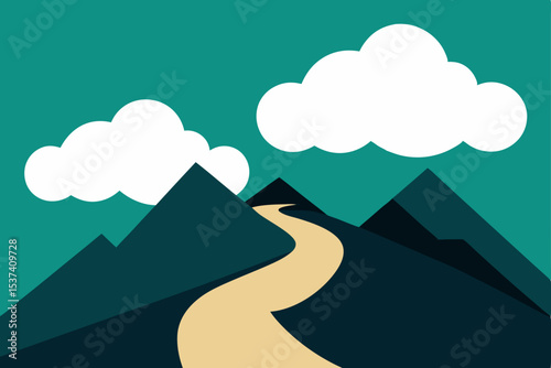 Serene Mountain Vista A Winding Path Through Majestic Peaks and Cloudy Skies