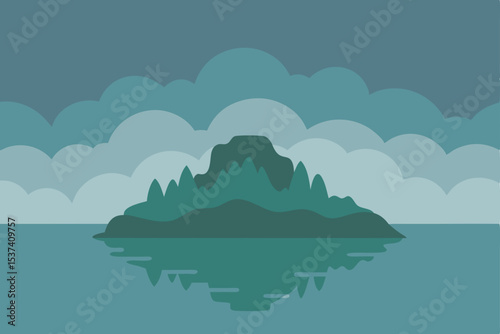 Serene Island Landscape Misty Ocean, Green Hills, and Tranquil Reflection