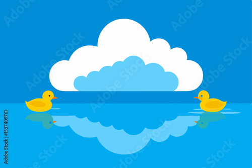 Two Yellow Rubber Ducks Floating on Calm Water Under a Fluffy Cloud A Serene Illustration