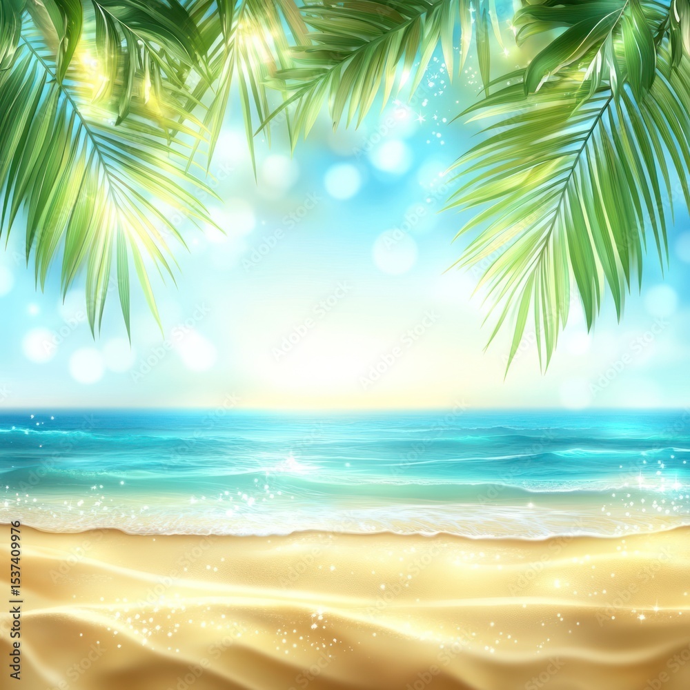 Obraz premium Tropical beach scene with palm leaves. Bokeh effect