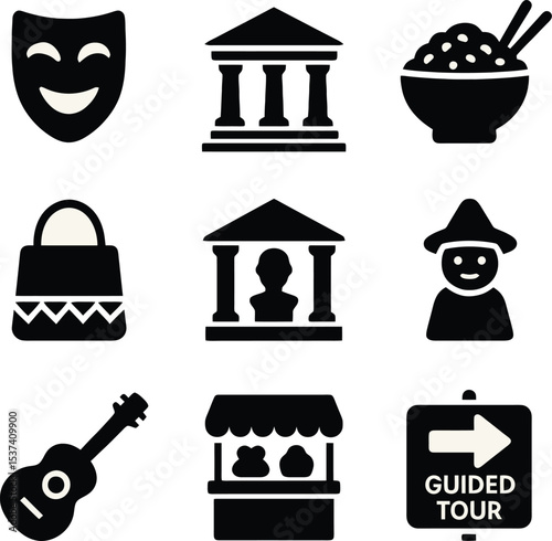 Black icons showing cultural tourism with museum, artisan bag, traditional food, market, and local performer.