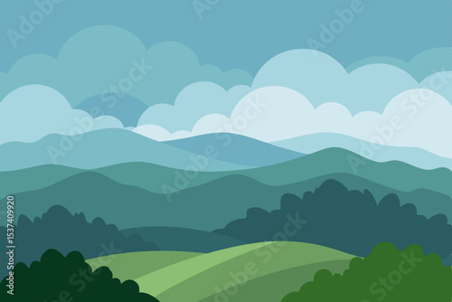 Serene Mountain Landscape Rolling Hills and Misty Peaks Illustration