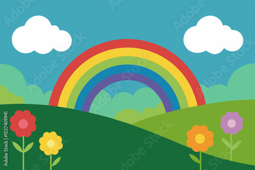Vibrant Rainbow over Rolling Hills and Colorful Flowers A Joyful Nature Illustration
