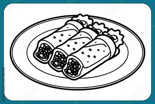 Three Golden Brown Spring Rolls on Plate Line Art food