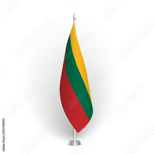 Lithuania flag - 3D standard conference flag hanging on ground flagpole. Usable for summit, indoor meeting, board room, government office, press room or reception. Vector flag with shading