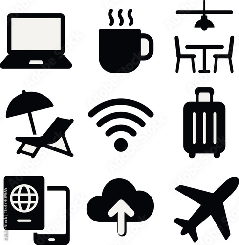 Icons of digital nomad lifestyle with laptop, coffee cup, suitcase, airplane, and beach chair.