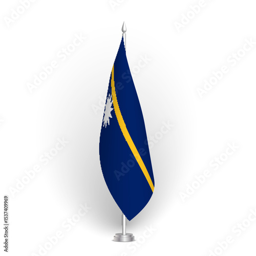 Nauru flag - 3D standard conference flag hanging on ground flagpole. Usable for summit, indoor meeting, board room, government office, press room or reception. Vector flag with shading
