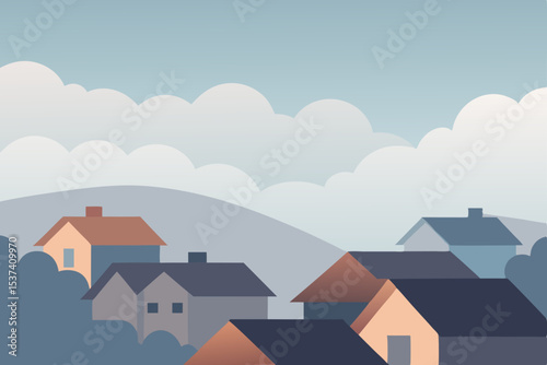 Serene Suburban Landscape Hillside Homes and Cloudy Skies