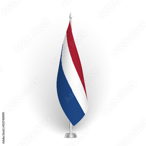Netherlands flag - 3D standard conference flag hanging on ground flagpole. Usable for summit, indoor meeting, board room, government office, press room or reception. Vector flag with shading