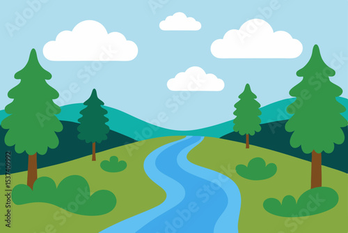 Serene River Landscape Peaceful Nature Scene with Winding River, Green Hills, and Evergreen Trees