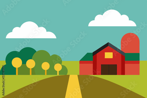 Farmland Idyll  Red Barn, Rolling Hills, and Sunny Skies