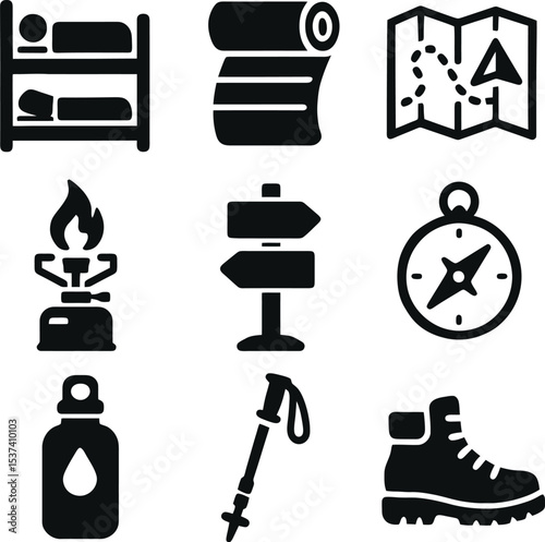 Black hiking and camping icons including bunk bed, map, compass, gas stove, trail sign, boot, and trekking pole.