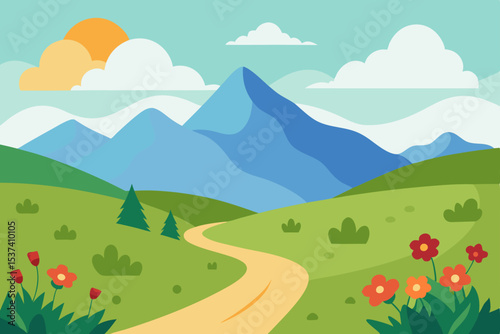 Serene Mountain Landscape Winding Road Through Blooming Meadows