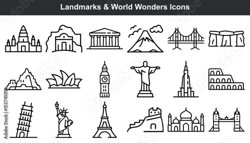 World landmarks and wonders icon set line art