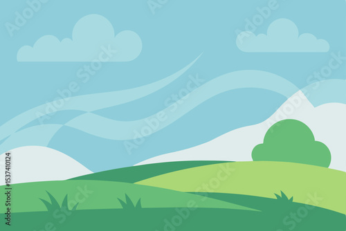 Serene Summer Landscape Rolling Hills, Blue Sky, and Gentle Breeze Illustration