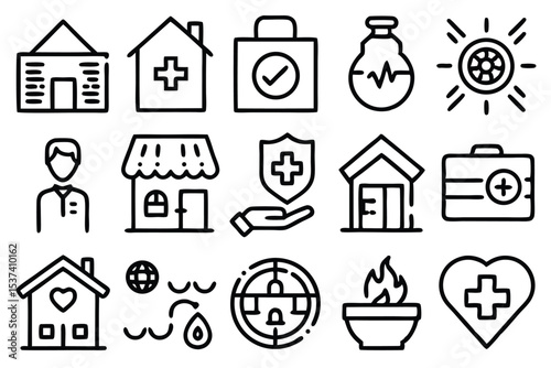 Vector illustration collection of diverse hand drawn line art medical and health icons representing various concepts