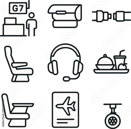 Outline vector set of airplane service icons including seat, headphones, food tray, gate, and airplane ticket.