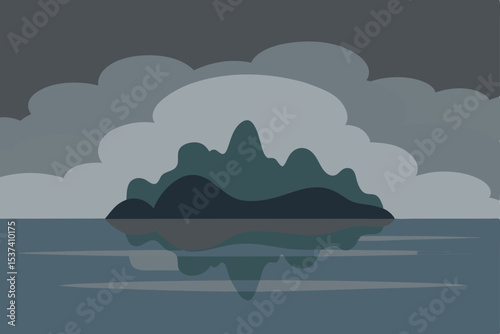 Mysterious Island A Serene Landscape of Clouds and Calm Waters