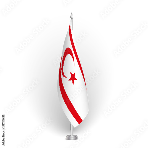 Northern Cyprus flag - 3D standard conference flag hanging on ground flagpole. Usable for summit, indoor meeting, board room, government office, press room or reception. Vector flag with shading