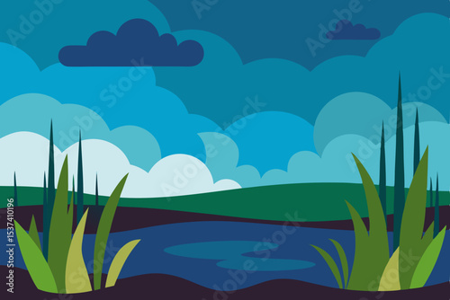 Serene Night Landscape Tranquil Pond Under Starlit Sky, illustration