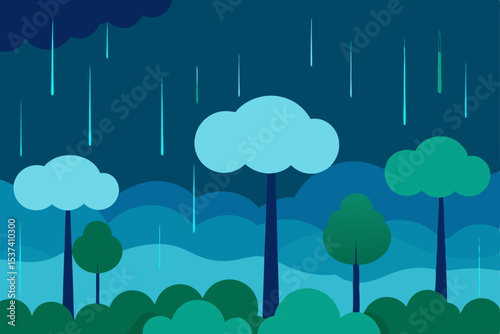 Night Rain Serene Illustration of a Forest Under a Dark Sky