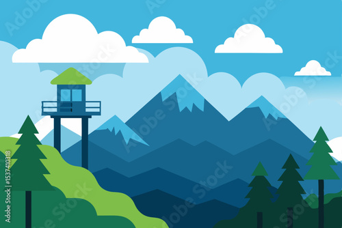 Mountaintop Lookout Scenic Vista Illustration of Majestic Peaks and Lush Greenery
