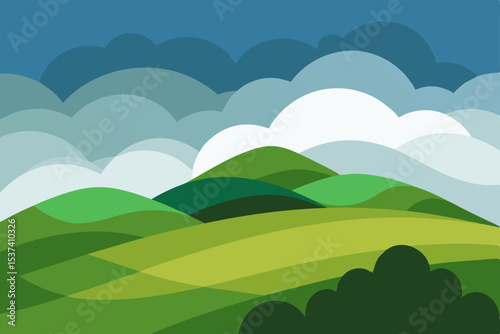 Serene Rolling Hills Landscape A Dreamy Green Vista with Fluffy Clouds
