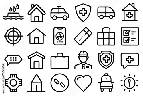 Collection of line art icons representing various concepts including healthcare houses vehicles and symbols