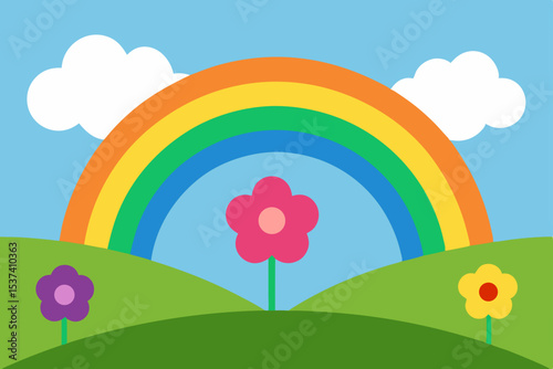 Vibrant Rainbow over Rolling Hills and Colorful Flowers A Delightful Spring Scene