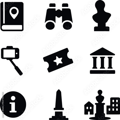 Urban travel icons in black featuring museum, ticket, city map, monument, selfie stick, and binoculars. Cultural tourism pack.