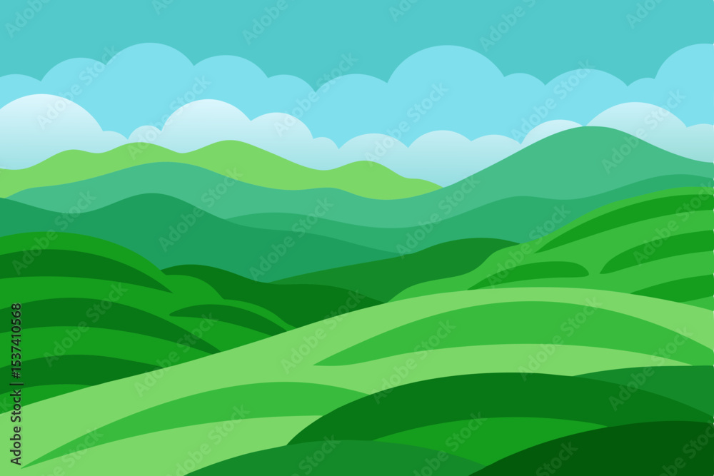 Obraz premium Serene Green Mountain Landscape A Panoramic View of Rolling Hills and Sky