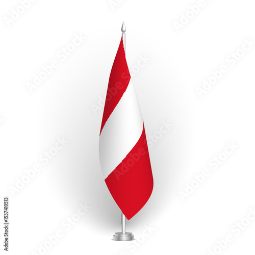 Peru flag - 3D standard conference flag hanging on ground flagpole. Usable for summit, indoor meeting, board room, government office, press room or reception. Vector flag with shading