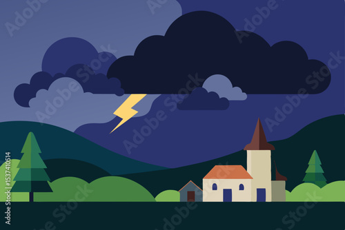 Night Storm Rolling In Over Picturesque Village Landscape