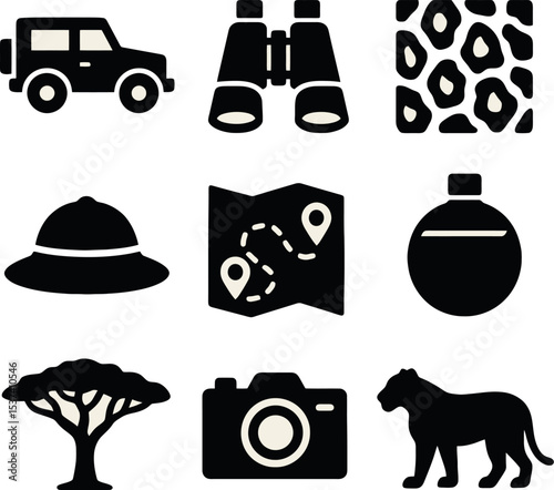Simple vector icons for safari themes including jeep, camera, panther, tree, and tracking map in black silhouettes.