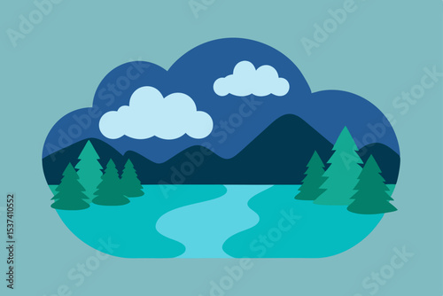 Serene Mountain Lake Landscape A Peaceful Night Scene Illustration