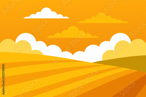 Golden Hour Farmland Serene Sunset Landscape Illustration