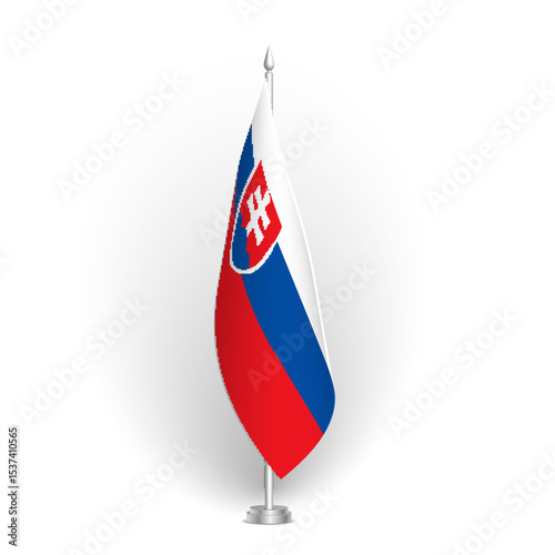 Slovakia flag - 3D standard conference flag hanging on ground flagpole. Usable for summit, indoor meeting, board room, government office, press room or reception. Vector flag with shading