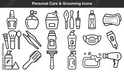 Personal care and grooming icons line art set