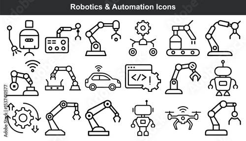 Robotics automation icons industrial technology set