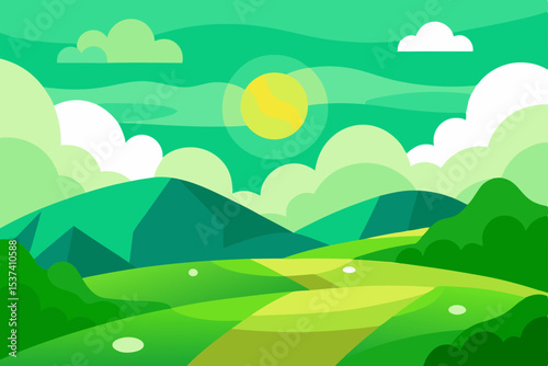 Serene Green Landscape Rolling Hills, Sunny Sky, and a Peaceful Path