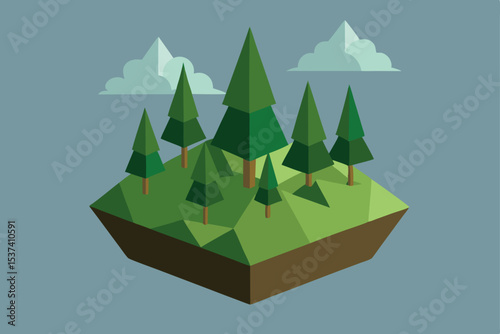 Isometric Illustration of a Floating Island Forest Low-Poly Green Trees and Mountains