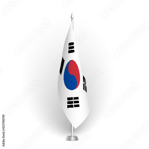 South Korea flag - 3D standard conference flag hanging on ground flagpole. Usable for summit, indoor meeting, board room, government office, press room or reception. Vector flag with shading