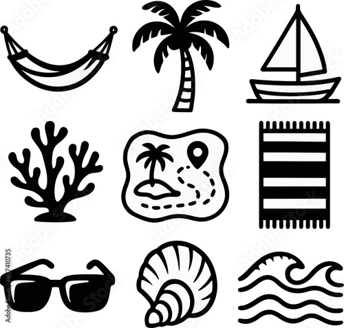 Black outline icons of beach items including hammock, palm, island map, and sunglasses. Perfect for summer designs.
