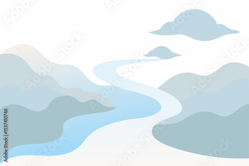 Serene Landscape Winding River Through Misty Mountains