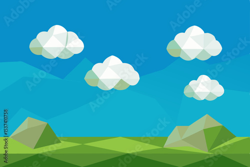 Serene Low-Poly Landscape Clouds, Mountains, and Green Fields